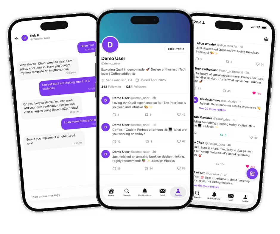 Quail social template on three phone mockups